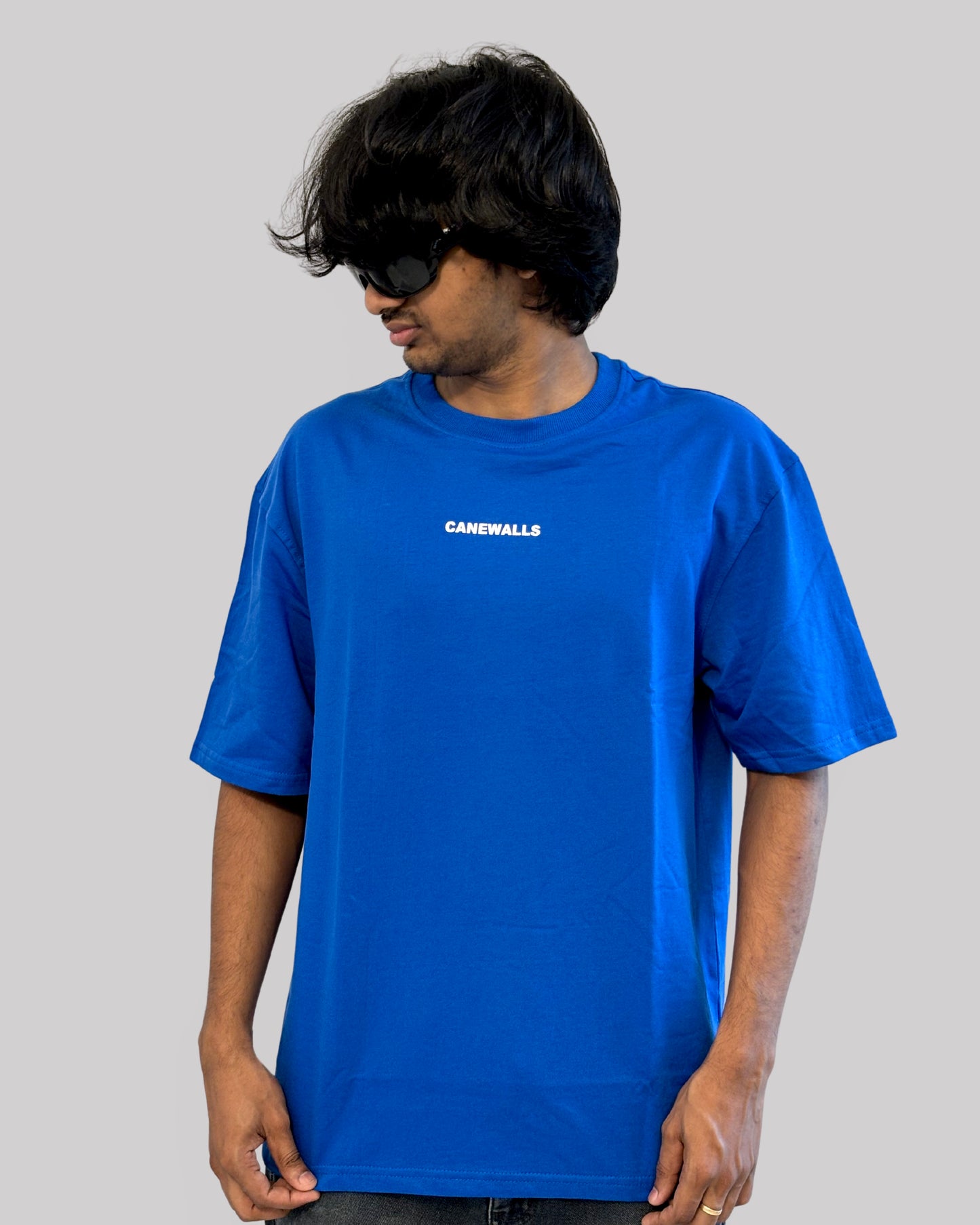 Canewalls -White chinese letters Back Printed Oversized T-Shirt | Royal Blue