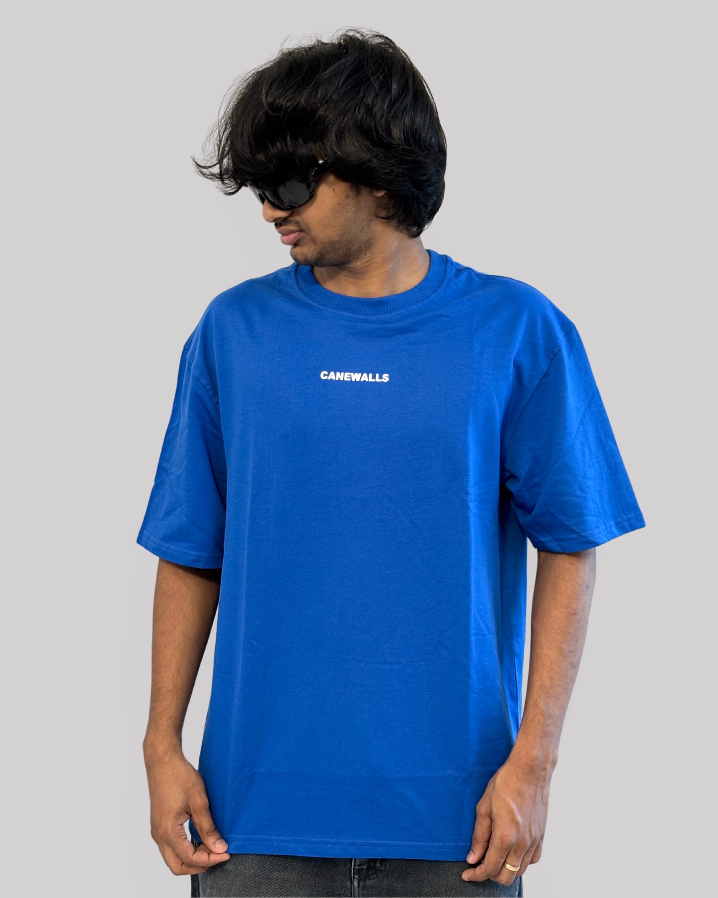 Canewalls -Red chinese letters Back Printed Oversized T-Shirt | Royal blue