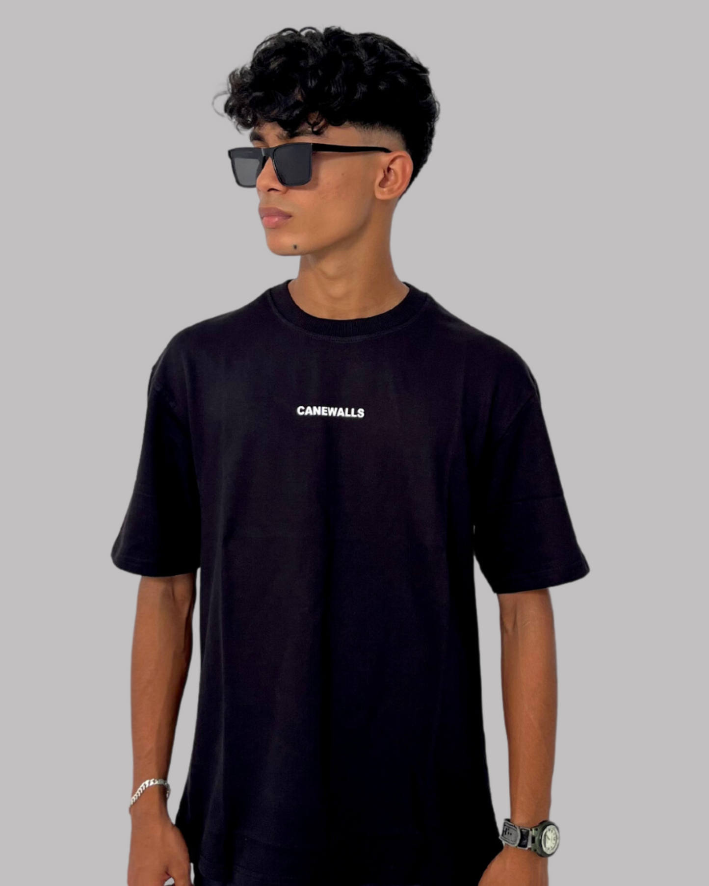 Canewalls - White chinese letter Back Printed Oversized T-Shirt |Black